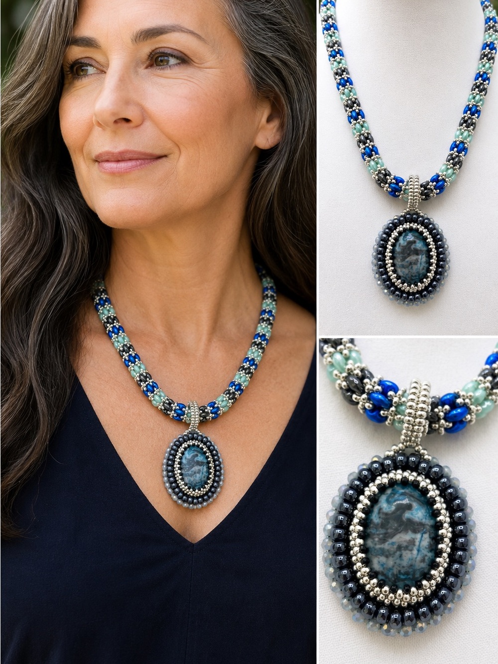 Hand Crafted Beadwoven Statement Necklace | Natural Blue Gemstone Pendant | OOAK